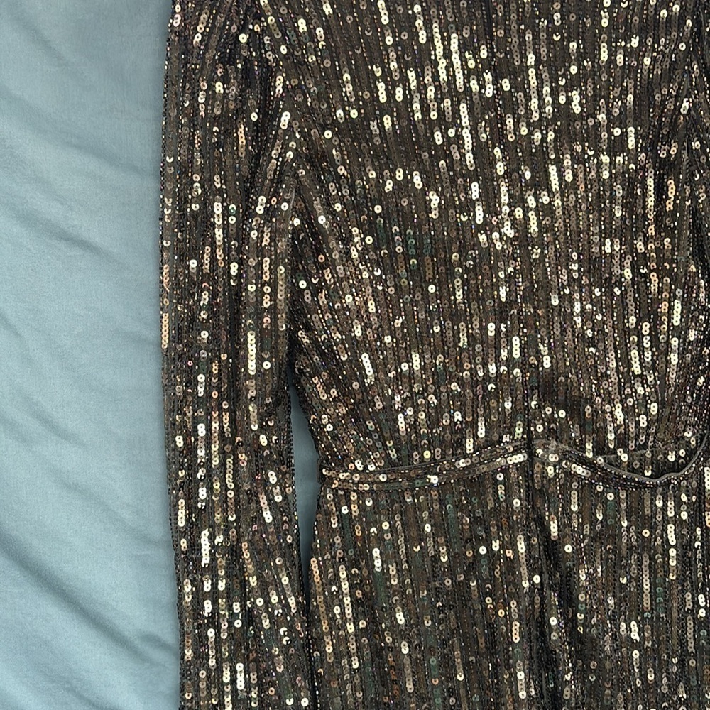 NWOT Mac Duggal LONG SLEEVE SEQUINED MINI DRESS Olive Green Bling Glam Gold - Picture 4 of 9
